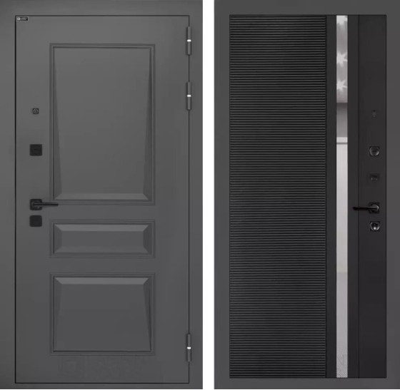 Входная дверь Орлеан 31 - Черный кварц, зеркальная вставка с тонировкой | Металлическая отделка методом давления на полотне