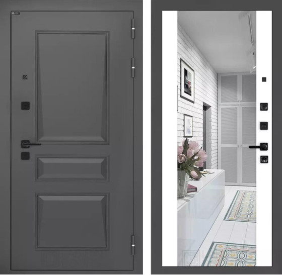 Входная дверь Орлеан с Зеркалом Максимум - Белый софт | Металлическая отделка методом давления на полотне