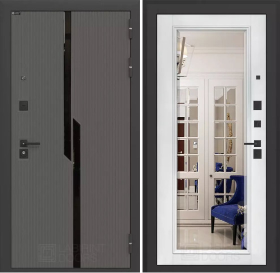 Входная дверь CARBON с Зеркалом Фацет - Белый софт | Декоративная MDF панель 10 мм с черным стеклом фацет, цвет 