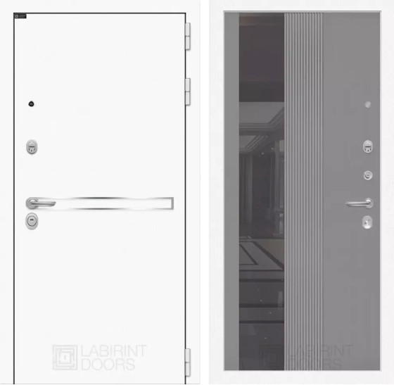 Входная дверь Лайн WHITE с Зеркалом 32 тонированным - Серый рельеф софт | Металл с покрытием 