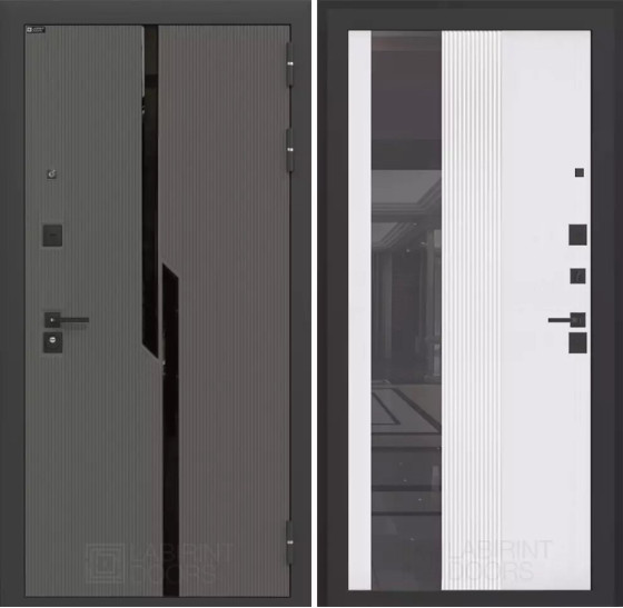 Входная дверь CARBON с Зеркалом 32 тонированным - Белый рельеф софт | Декоративная MDF панель 10 мм с черным стеклом фацет, цвет 