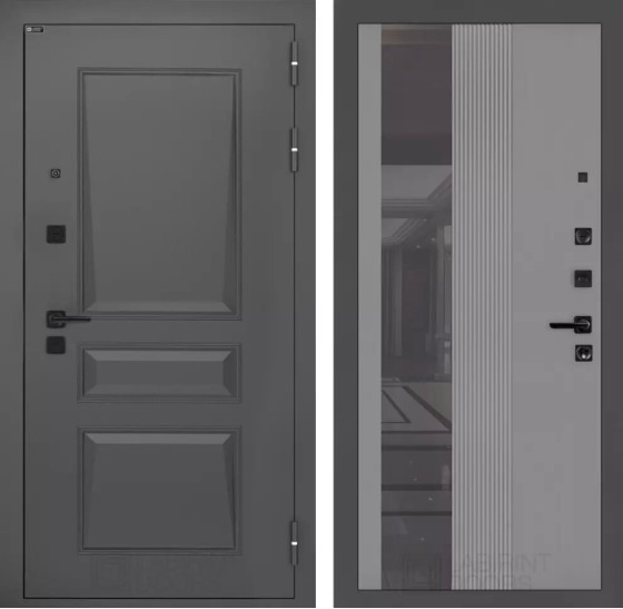 Входная дверь Орлеан с Зеркалом 32 тонированным - Серый рельеф софт | Металлическая отделка методом давления на полотне