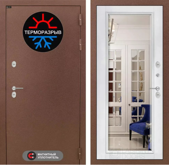 Входная дверь Термо Магнит с зеркалом Фацет - Белый софт | Металл с 2-х слойным покрытием. 1 слой - цинкосодержащий грунт, 2 слой - покраска 