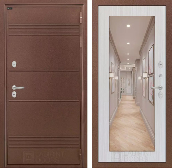 Входная дверь Термо Лайт с Зеркалом 18 - Сандал белый | Металлическая отделка с давлением и фигурным наличником