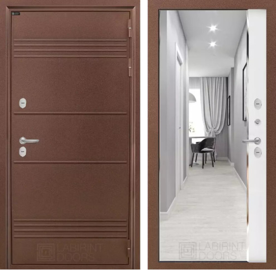 Входная дверь Термо Лайт с зеркалом Панорама - Белый софт | Металлическая отделка с давлением и фигурным наличником