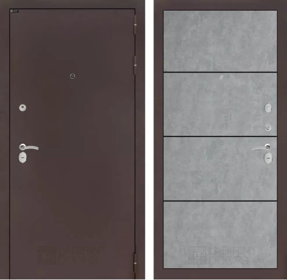 Входная дверь CLASSIC антик медный 25 - Бетон светлый, черный молдинг | Металл с практичным покрытием 