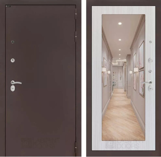 Входная дверь CLASSIC антик медный с Зеркалом 18 - Сандал белый | Металл с практичным покрытием 