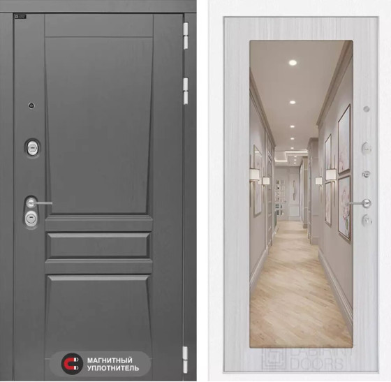 Входная дверь Платинум с Зеркалом 18 - Сандал белый | Декоративная MDF панель 16 мм с наличником, цвет 