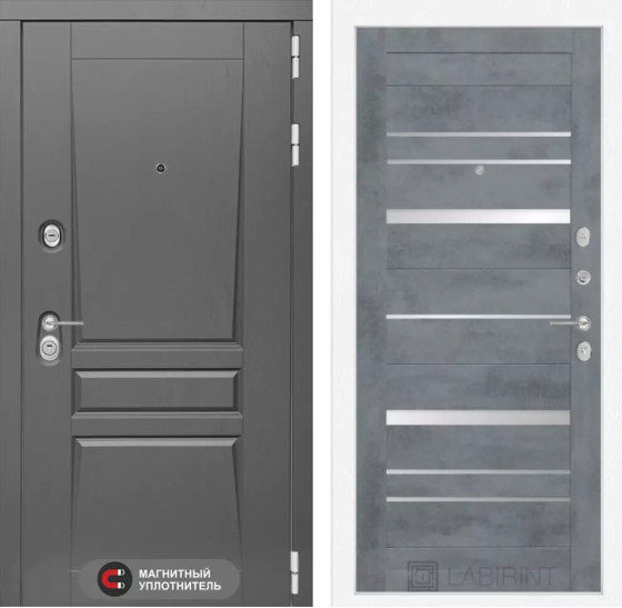 Входная дверь Платинум 20 - Бетон темный, зеркальные вставки | Декоративная MDF панель 16 мм с наличником, цвет 