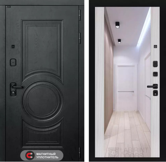 Входная дверь GRAND с Зеркалом Максимум - Сандал белый | Стильная декоративная MDF панель 16 мм с наличником, цвет 