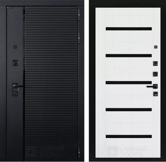 Входная дверь PIANO 01 - Белое дерево, стекло черное | Декоративная MDF панель 10 мм с наличниками, цвет 