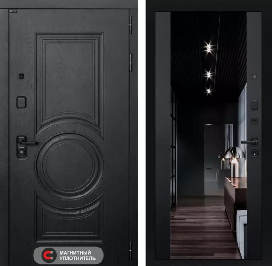 Входная дверь GRAND с Зеркалом тонированным Максимум - Черный кварц | Стильная декоративная MDF панель 16 мм с наличником, цвет 