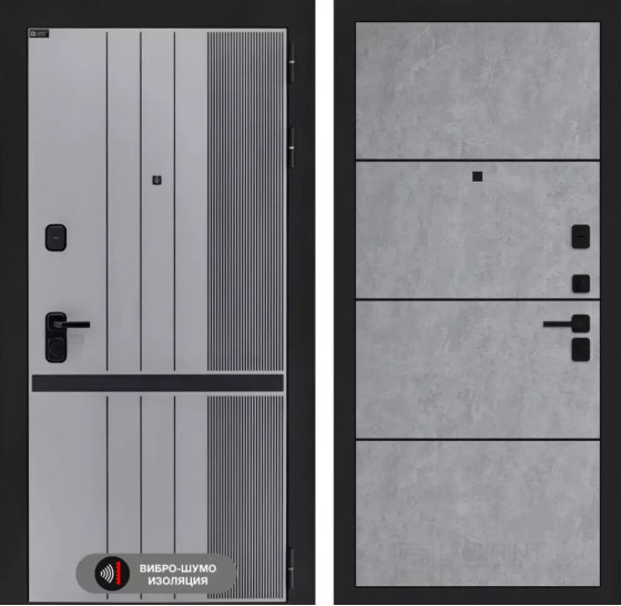Входная дверь SKYLAB 25 - Бетон светлый, черный молдинг | Фрезерованная МДФ панель 10 мм, цвет 