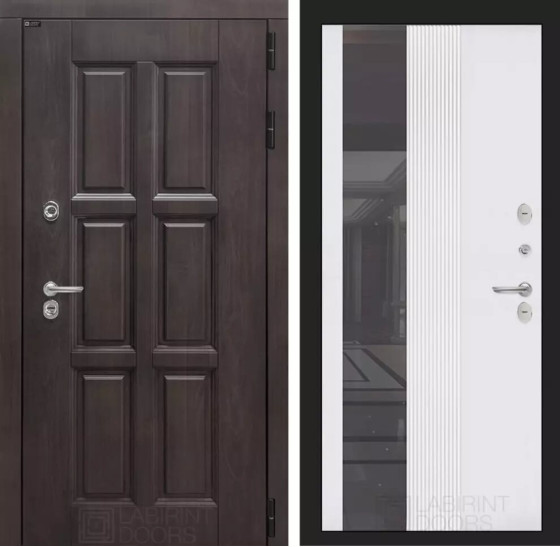 Входная дверь Лондон с Зеркалом 32 тонированным - Белый рельеф софт | Влагостойкая MDF панель 16 мм с наличниками, цвет Винорит 