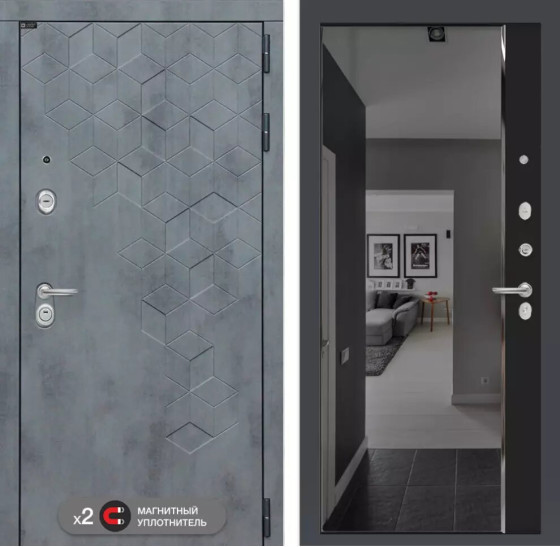 Входная дверь Бетон с зеркалом Панорама с тонировкой - Черный кварц | Современная декоративная MDF панель 10 мм с наличником, цвет 