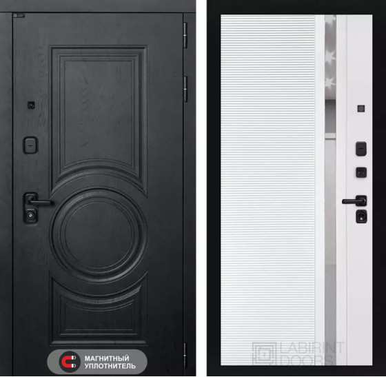 Входная дверь GRAND 31 - Белый софт, зеркальная вставка с тонировкой | Стильная декоративная MDF панель 16 мм с наличником, цвет 