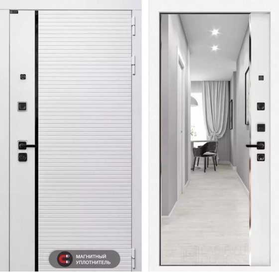 Входная дверь ROYAL с зеркалом Панорама - Белый софт | Современная MDF панель 10 мм с наличником, цвет 