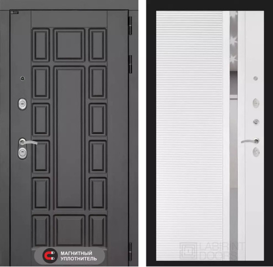 Входная дверь Нью-Йорк 31 - Белый софт, зеркальная вставка с тонировкой | Декоративная MDF панель 16 мм с наличником, цвет 