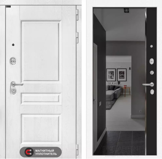 Входная дверь VERSAL с зеркалом Панорама с тонировкой - Черный кварц | Классическая MDF панель 16 мм с наличником, цвет 