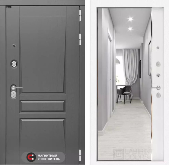 Входная дверь Платинум с зеркалом Панорама - Белый софт | Декоративная MDF панель 16 мм с наличником, цвет 