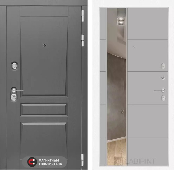 Входная дверь Платинум с Зеркалом 19 - Грей софт | Декоративная MDF панель 16 мм с наличником, цвет 