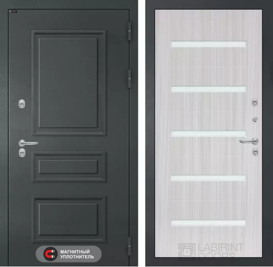 Входная дверь Атлантик 01 - Сандал белый, стекло белое | Металлическая отделка 3D филенка