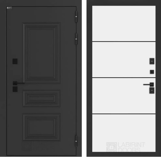 Входная дверь Аляска Лайт 25 - Белый софт, черный молдинг | Металлическая отделка методом давления на полотне