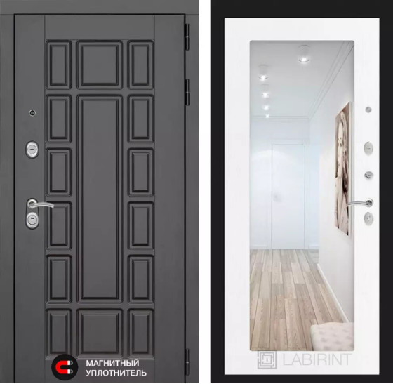 Входная дверь Нью-Йорк с Зеркалом 18 - Белое дерево | Декоративная MDF панель 16 мм с наличником, цвет 