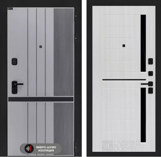 Входная дверь SKYLAB 02 - Сандал белый, стекло черное | Фрезерованная МДФ панель 10 мм, цвет 