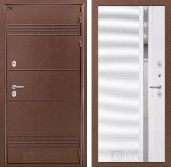 Входная дверь Термо Лайт 31 - Белый софт, зеркальная вставка с тонировкой | Металлическая отделка с давлением и фигурным наличником