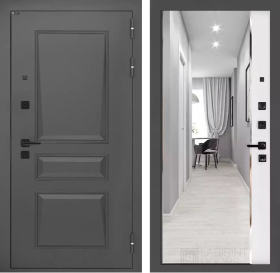 Входная дверь Орлеан с зеркалом Панорама - Белый софт | Металлическая отделка методом давления на полотне