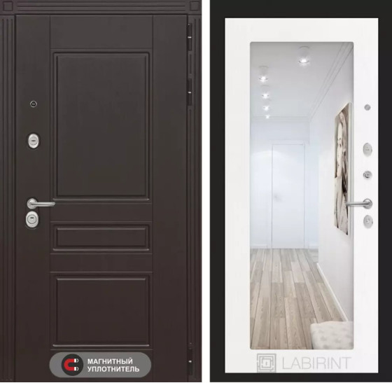 Входная дверь Мегаполис с Зеркалом 18 - Белое дерево | Декоративная MDF панель 10 мм с фрезерованным наличником, цвет 