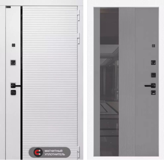 Входная дверь ROYAL с Зеркалом 32 тонированным - Серый рельеф софт | Современная MDF панель 10 мм с наличником, цвет 