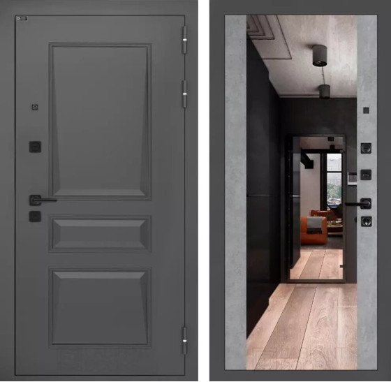 Входная дверь Орлеан с Зеркалом Максимум - Бетон светлый | Металлическая отделка методом давления на полотне