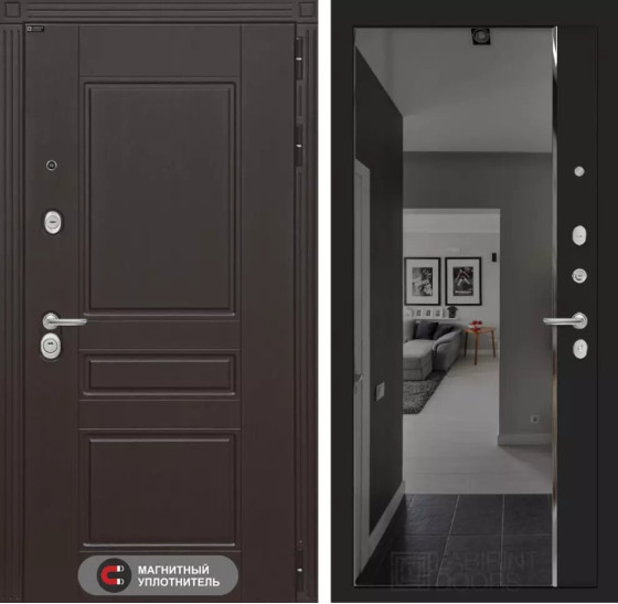 Входная дверь Мегаполис с зеркалом Панорама с тонировкой - Черный кварц | Декоративная MDF панель 10 мм с фрезерованным наличником, цвет 