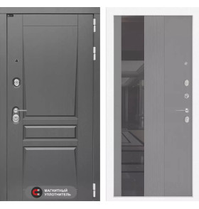 Входная дверь Платинум с Зеркалом 32 тонированным - Серый рельеф софт