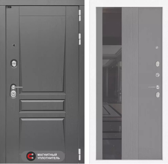 Входная дверь Платинум с Зеркалом 32 тонированным - Серый рельеф софт | Декоративная MDF панель 16 мм с наличником, цвет 