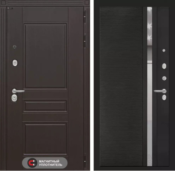 Входная дверь Мегаполис 31 - Черный кварц, зеркальная вставка с тонировкой | Декоративная MDF панель 10 мм с фрезерованным наличником, цвет 