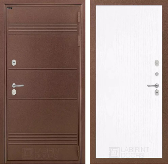 Входная дверь Термо Лайт 07 - Белое дерево | Металлическая отделка с давлением и фигурным наличником