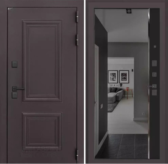 Входная дверь Полярис лайт с тонированным зеркалом Панорама - Черный кварц | Металлическая отделка методом давления на полотне, 960х2050 мм (внешний 1130х2130 мм), 880х2050 мм (внешний 1050х2130 мм)