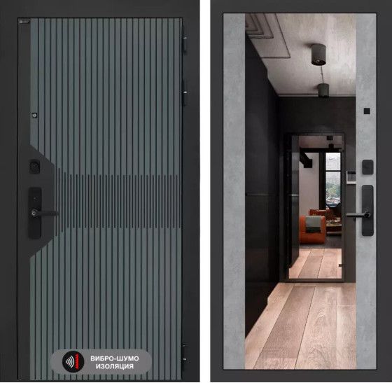 Входная дверь Смартлаб с Зеркалом Максимум - Бетон светлый | Фрезерованная МДФ панель 10 мм, цвет 