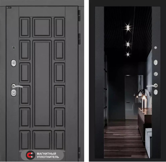 Входная дверь Нью-Йорк с зеркалом Максимум с тонировкой - Черный кварц | Декоративная MDF панель 16 мм с наличником, цвет 