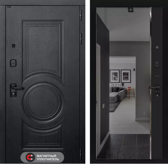 Входная дверь GRAND с зеркалом Панорама с тонировкой - Черный кварц | Стильная декоративная MDF панель 16 мм с наличником, цвет 