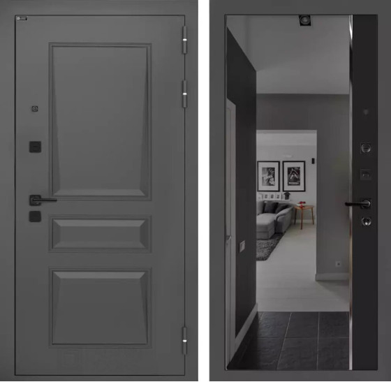 Входная дверь Орлеан с зеркалом Панорама с тонировкой - Черный кварц | Металлическая отделка методом давления на полотне