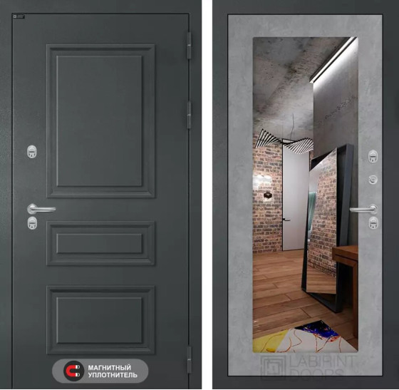 Входная дверь Атлантик с Зеркалом 18 - Бетон светлый | Металлическая отделка 3D филенка