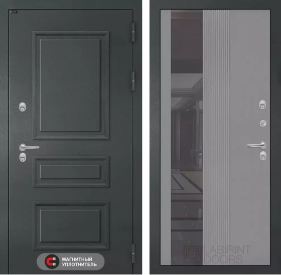 Входная дверь Атлантик с Зеркалом 32 тонированным - Серый рельеф софт | Металлическая отделка 3D филенка