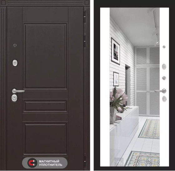 Входная дверь Мегаполис с зеркалом Максимум - Белый софт | Декоративная MDF панель 10 мм с фрезерованным наличником, цвет 