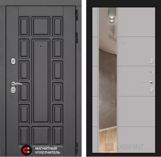 Входная дверь Нью-Йорк с Зеркалом 19 - Грей софт | Декоративная MDF панель 16 мм с наличником, цвет 