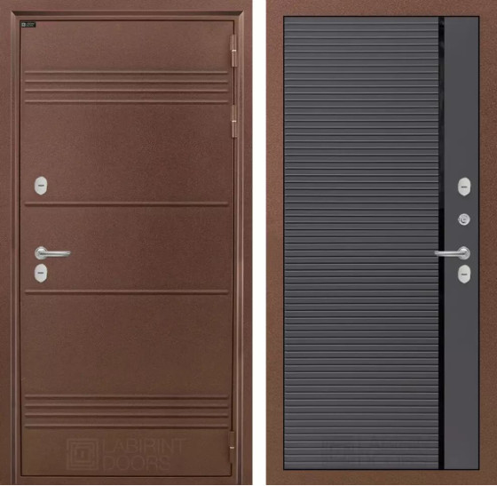 Входная дверь Термо Лайт 22 - Графит софт, черный молдинг | Металлическая отделка с давлением и фигурным наличником