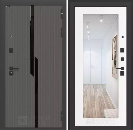 Входная дверь CARBON с Зеркалом 18 - Белое дерево | Декоративная MDF панель 10 мм с черным стеклом фацет, цвет 